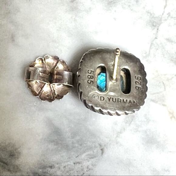 David Yurman Earrings Authentic Blue Topaz Albion Stud 14K Gold & 925 Silver - Picture 4 of 7